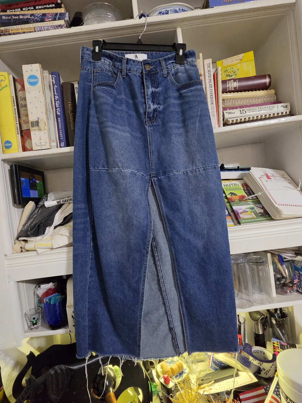 Women's Blue Denim Maxi Skirt-Jeans with Front Slit